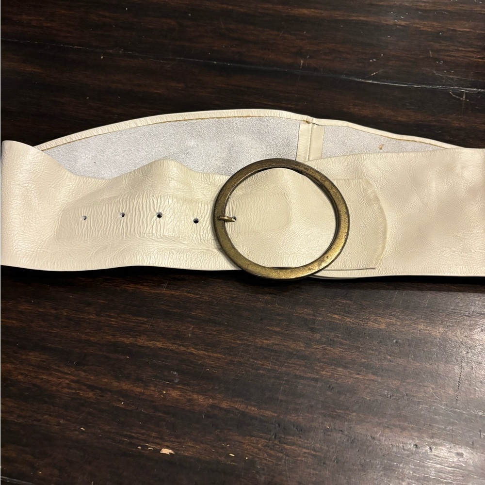 Cream Leather Belt with Gold Buckle